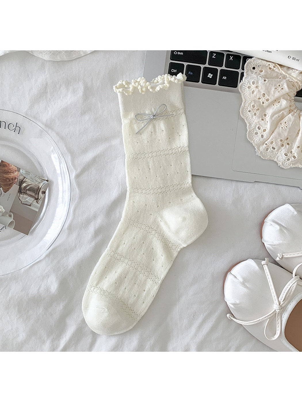Rufia - Ruffle Cuffs Bow Detail Solid Color Crew Socks