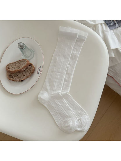 Rufia - Elegant Solid Color Ribbed Openwork Mid-calf Socks