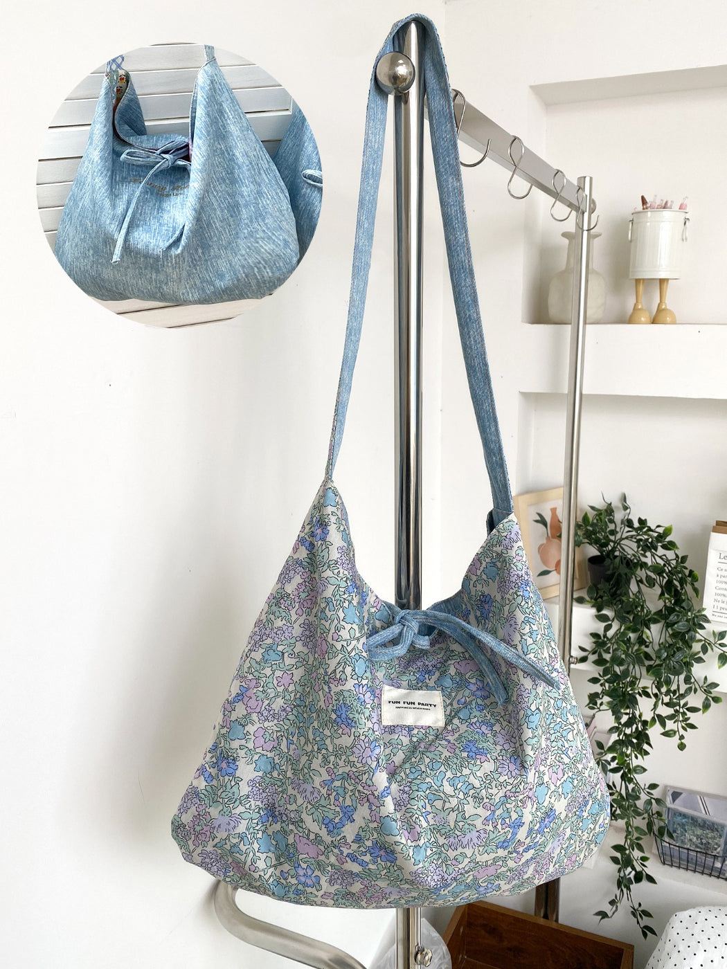 Cosbai shoulder bag displayed with strap and patchwork design visible