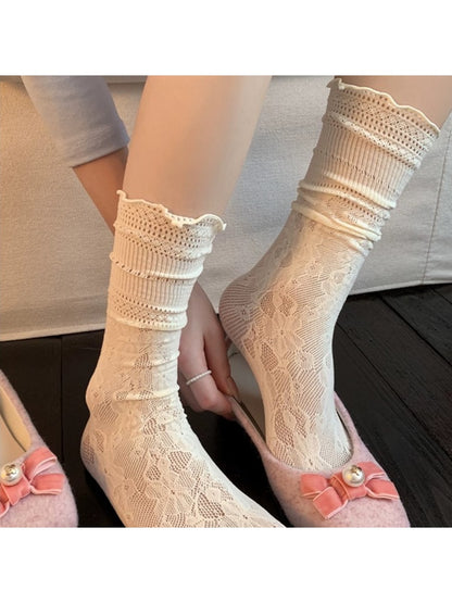 Rufia - Ruffle Edge Floral Knit Crew Socks