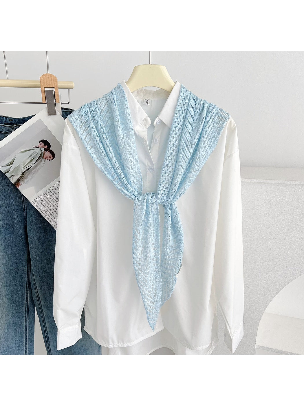 Scarvii - Openwork Knit Solid Color Triangle Scarf