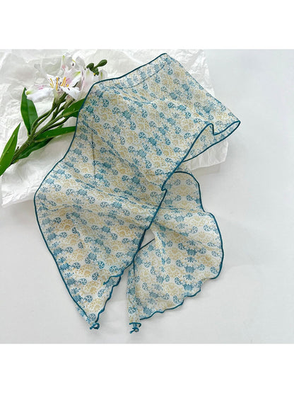 Scarvii - Romantic Floral Printed Ruffled Trim Scarf