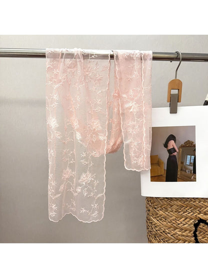 Scarvii - Embroidered Mesh Oblong Scarf with Floral Detail