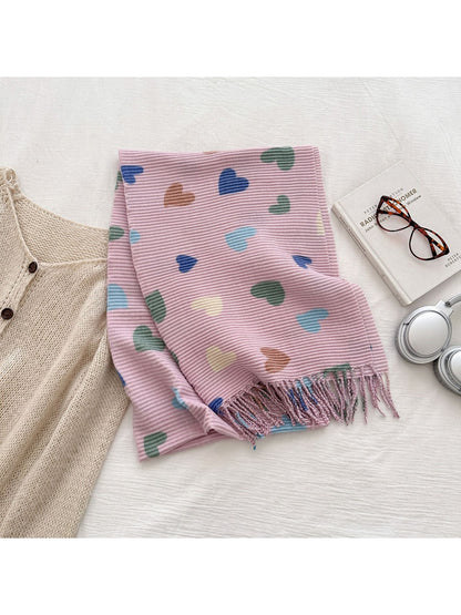 Scarvii - Ribbed Heart Pattern Fringed Winter Scarf