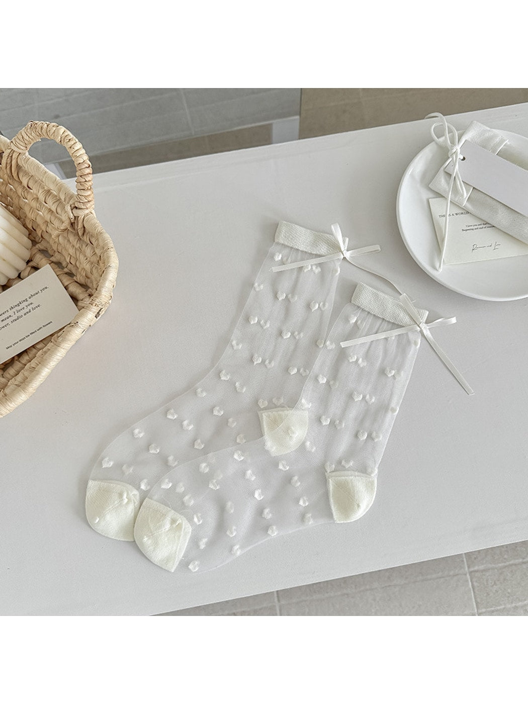 Rufia - Sheer Heart Bow Accent Crew Socks