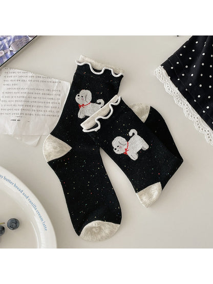 Rufia - Cartoon Dog Ruffle Cuff Casual Crew Socks