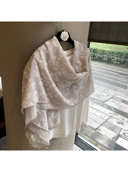 Scarvii - Floral Embroidered Lace Trim Shawl Scarf
