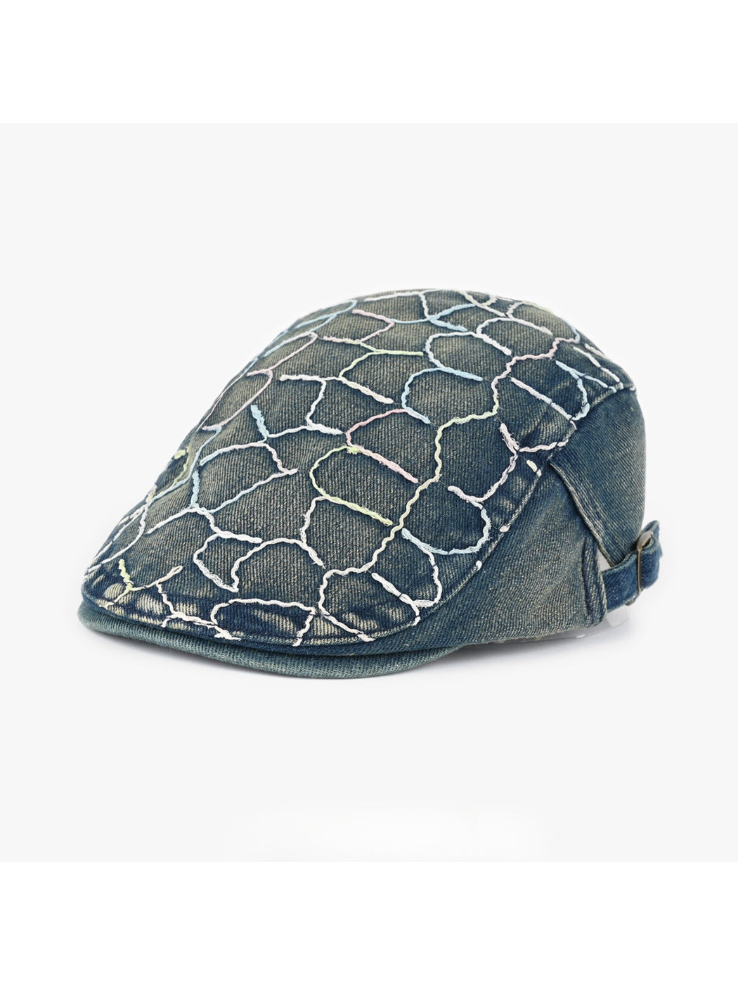 Haila washed denim vintage retro newsboy cap front view on white background