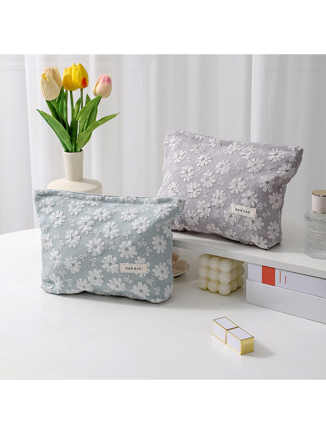 Cosbai - Floral Geometric Zipper Makeup Pouch Bag