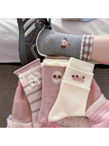 Rufia - Sweet Puppy Ruffled Cuff Crew Socks