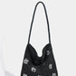 Cosbai - Black Single-shoulder Denim Bag with Sequin Decorations