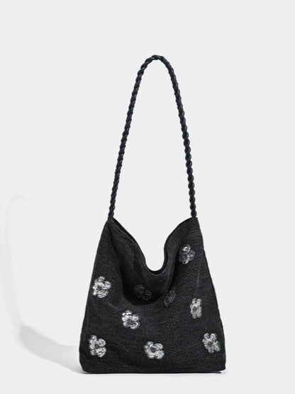 Cosbai - Black Single-shoulder Denim Bag with Sequin Decorations