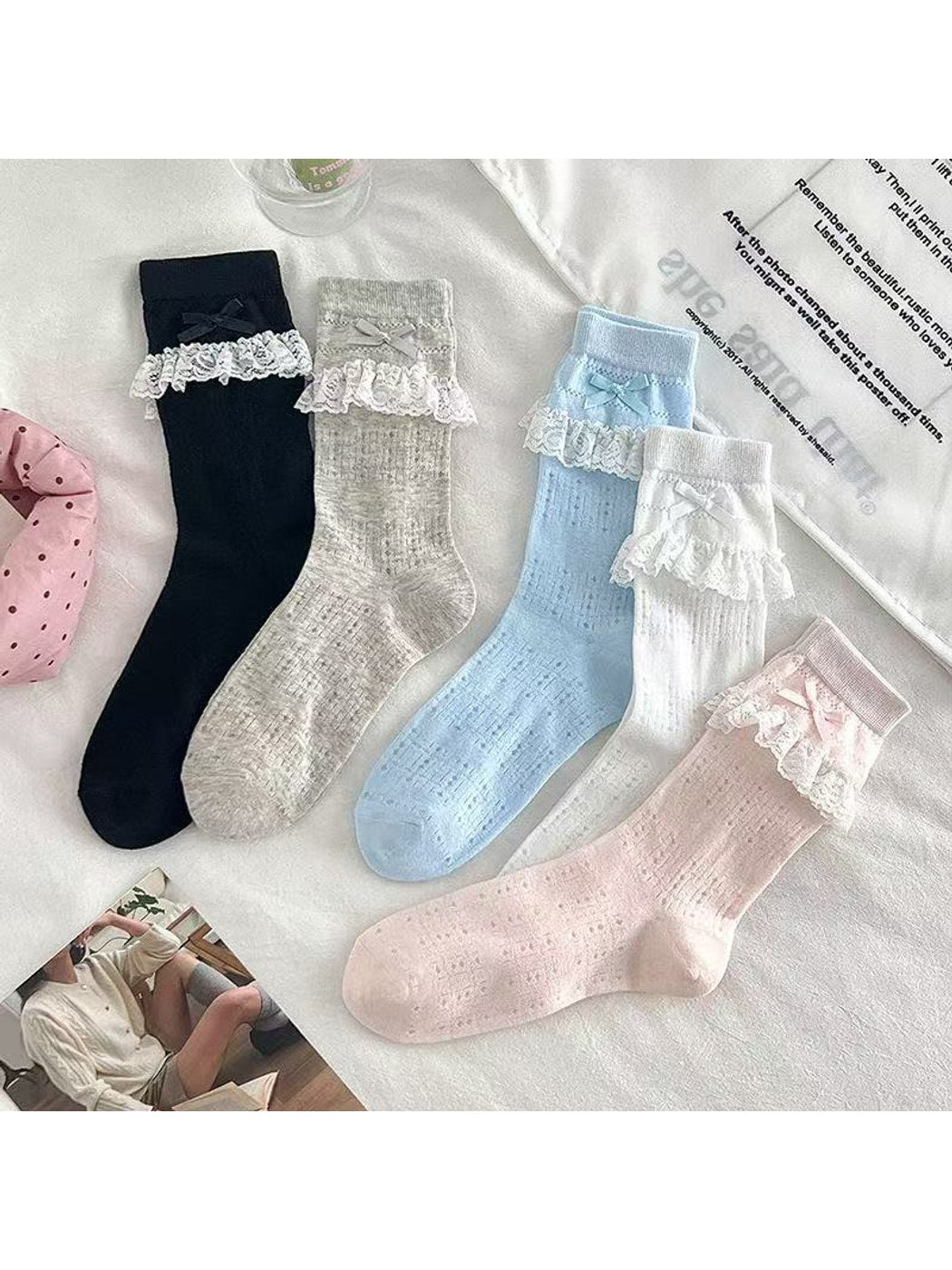 Rufia - Lace Trim Bow Detail Sweet Style Crew Socks