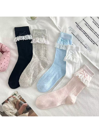 Rufia - Lace Trim Bow Detail Sweet Style Crew Socks