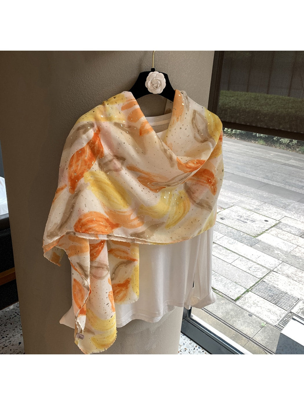 Scarvii - Orange Print Plain Weave Wrap Scarf
