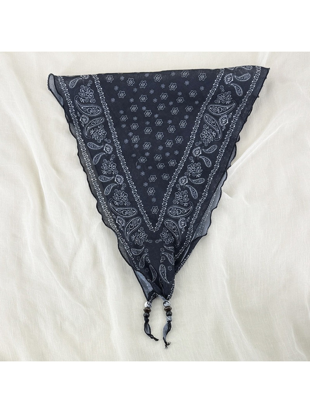 Scarvii vintage bandana headscarf folded to highlight bead trim and fabric texture