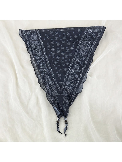 Scarvii vintage bandana headscarf folded to highlight bead trim and fabric texture