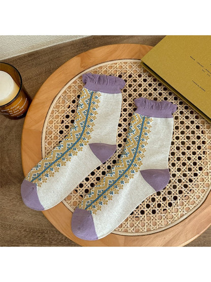 Rufia - Retro Pattern Ruffle Crew Socks
