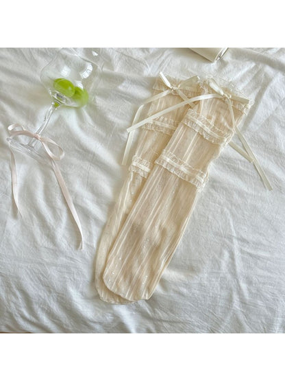 Rufia - Bow Detail Lace Trim Sheer Mid-calf Socks