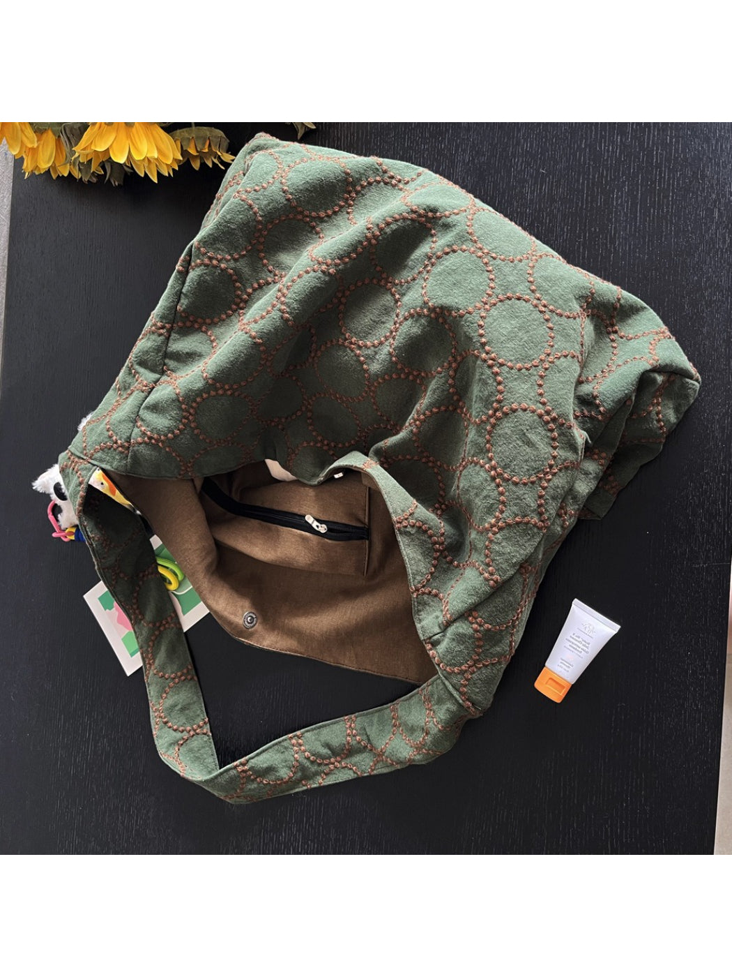 Interior view of Cosbai tote bag showing spacious compartment and lining