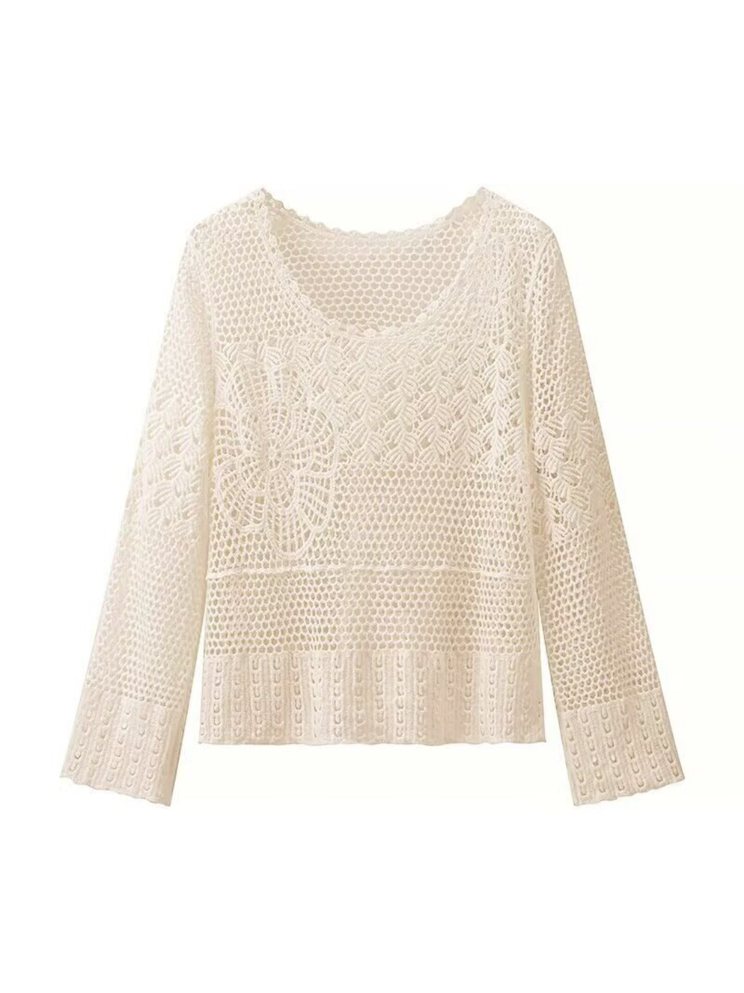 Crosa - Hollow Knitted Round Neck Long-Sleeve Top Sweater