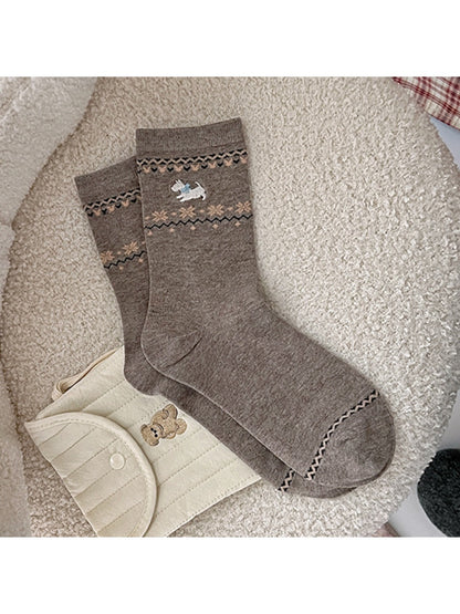 Rufia - Winter Mid-Calf Socks with Puppy & Floral Pattern