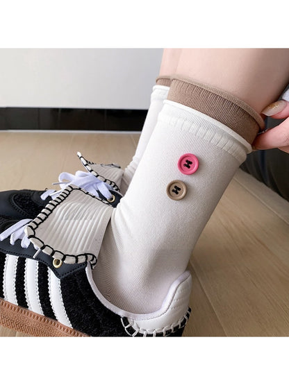 Rufia - Contrast Cuff Button Detail Women's Crew Socks