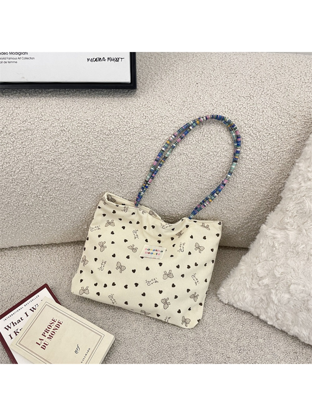 Cosbai - Beaded Strap Corduroy Tote