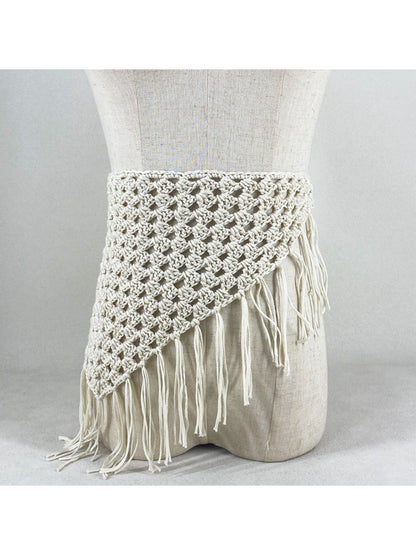 Side view of the boho crochet bandana showing texture and tassel length