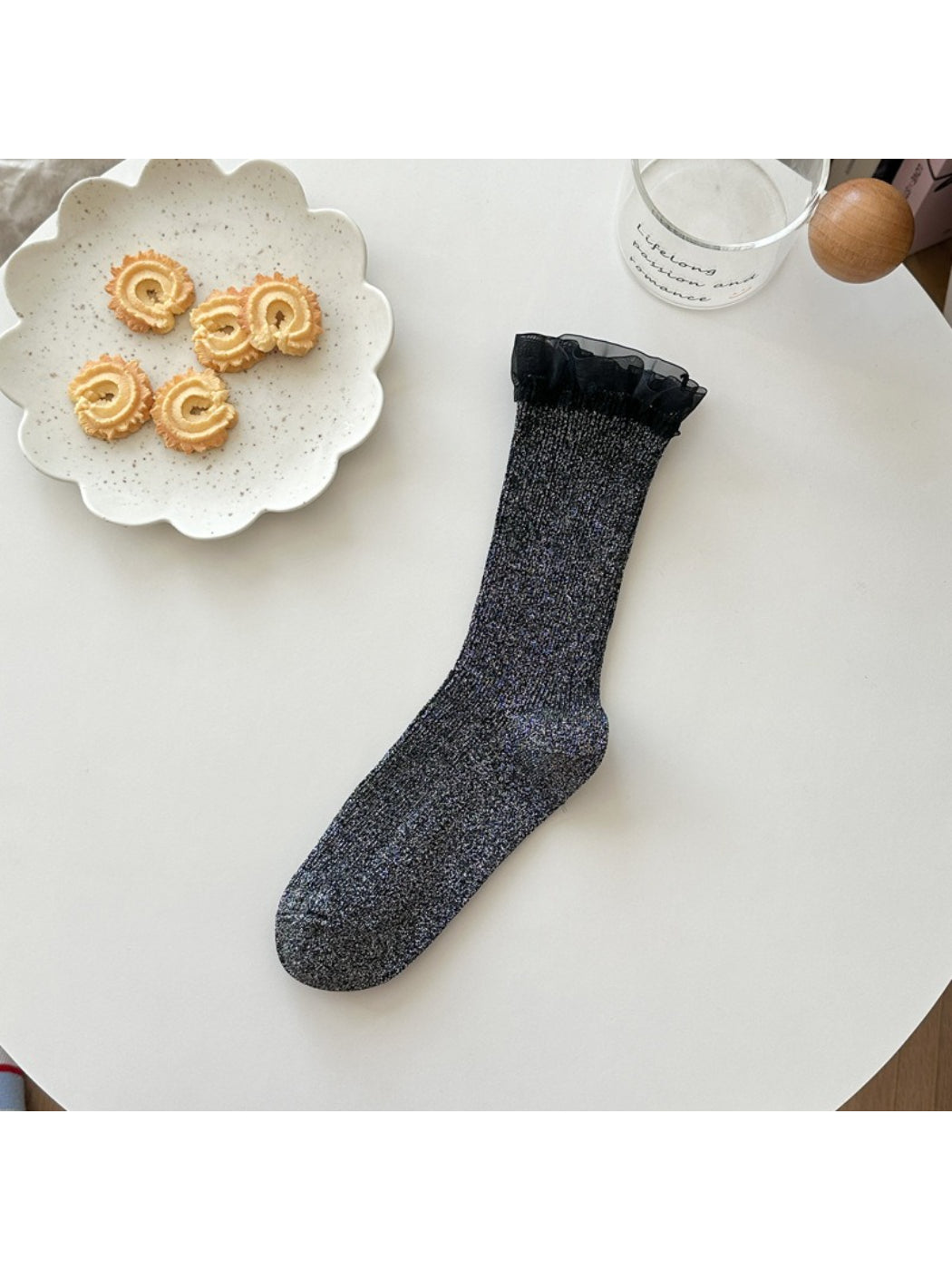 Rufia gray sparkle trim crew sock flat lay