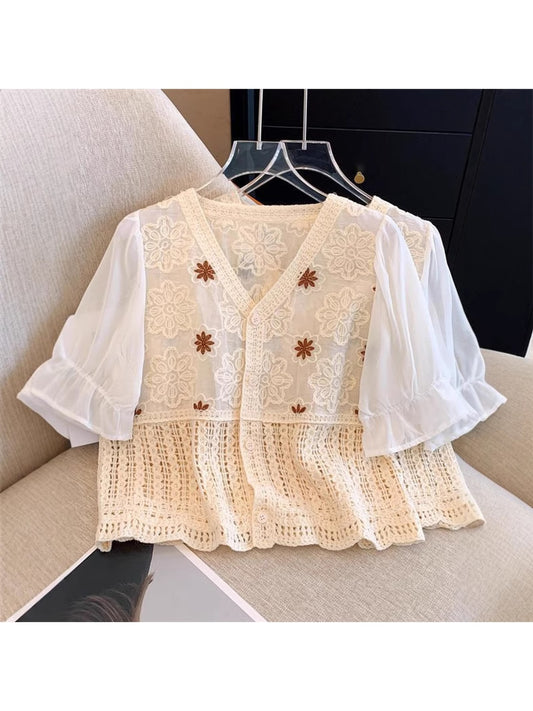 Crosa - V-Neck Hollow Out Floral Knit Cardigan