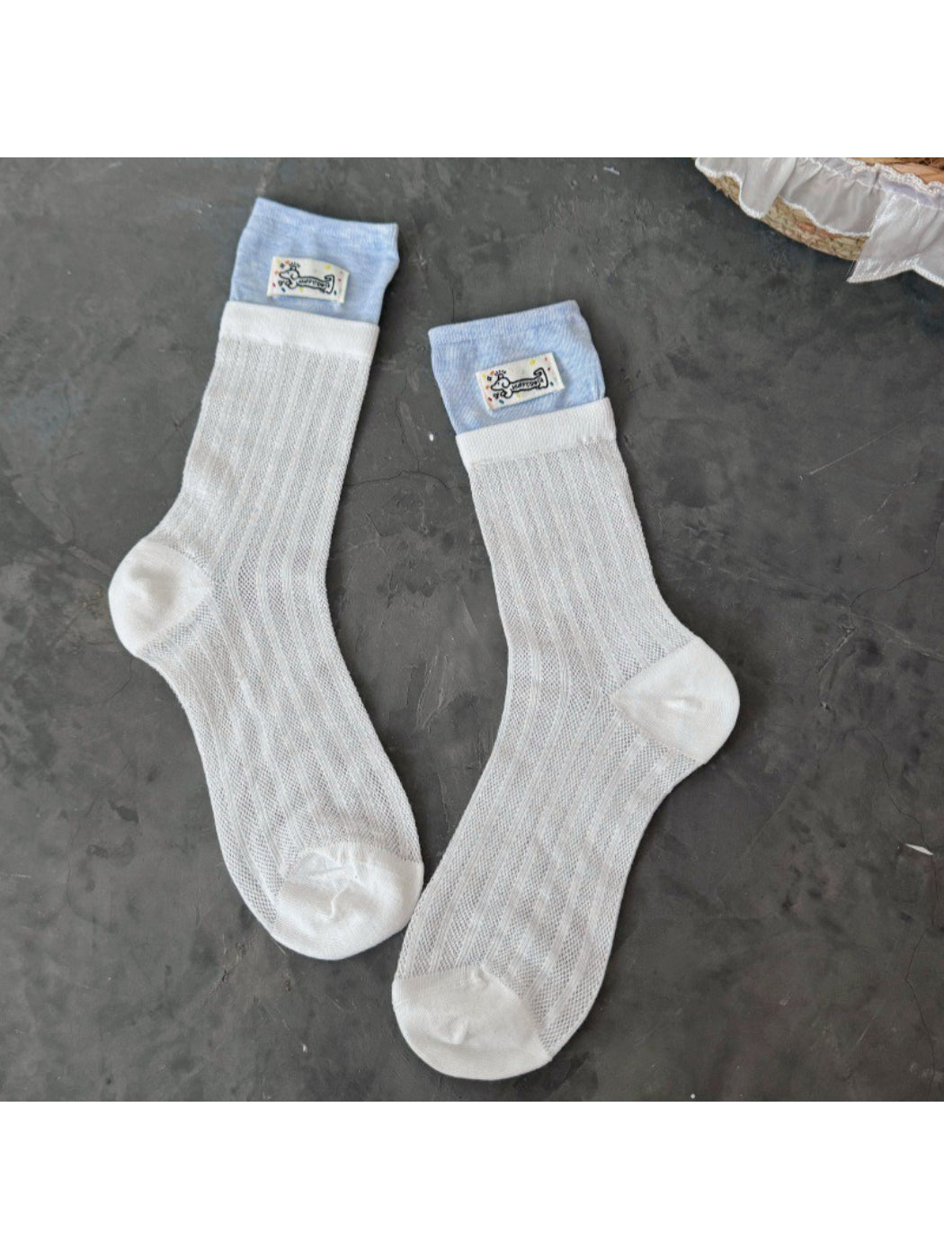 Rufia - Cartoon Dog Tag Mesh Color Block Double Cuff Socks