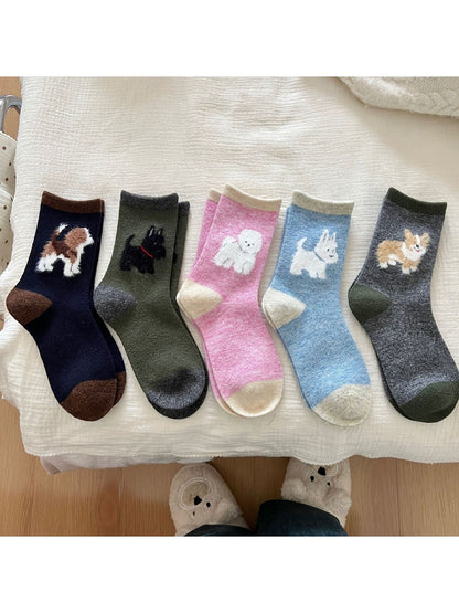 Rufia - Playful Dog Motif Colorblock Crew Socks
