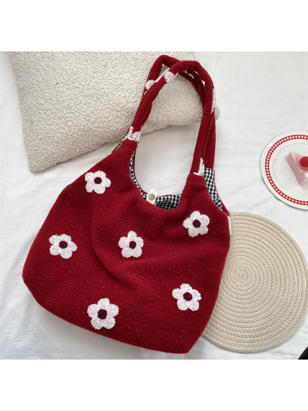 Cosbai - Plush Floral Pattern Shoulder Bag