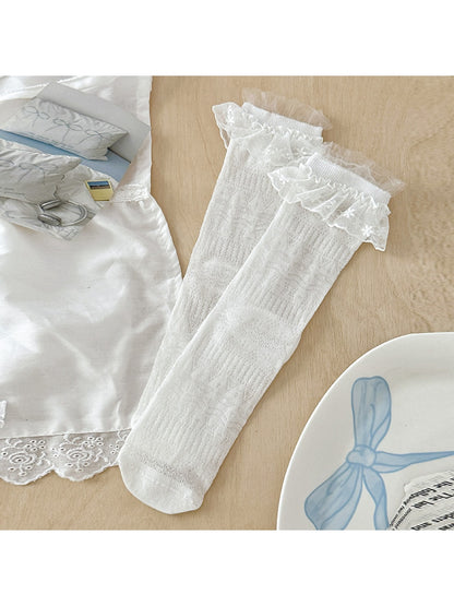 Rufia - Lace Trim Bow Detail Solid Color Crew Socks