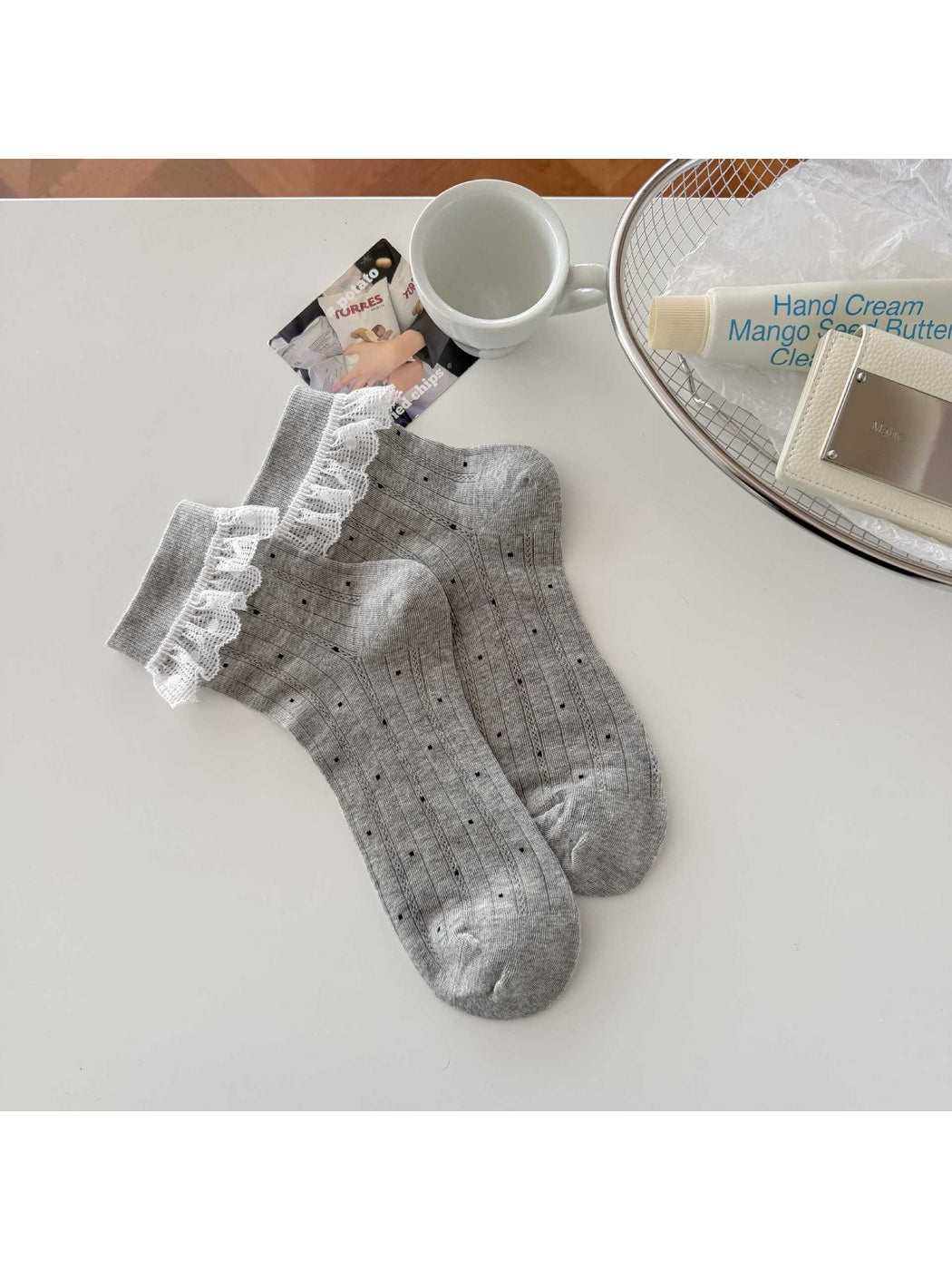 Rufia - Polka Dot Ruffle Lace Trim Crew Socks