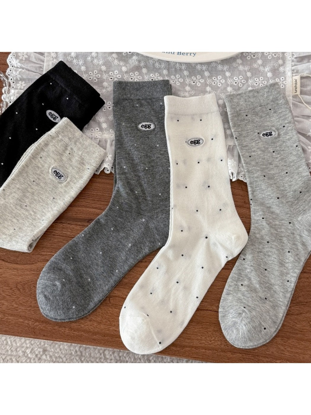 Rufia - Polka Dot Letter Embroidered Crew Socks