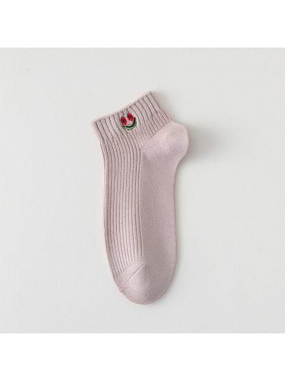 Rufia - Smiley Face Embroidered Ribbed Ankle Socks