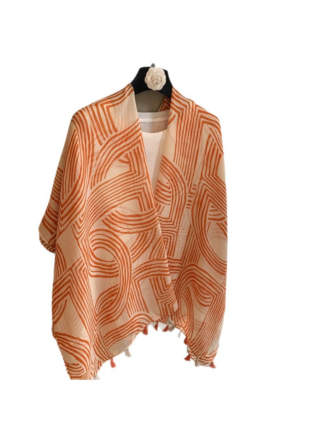 Scarvii - Geometric Pattern Tassel Trim Long Scarf