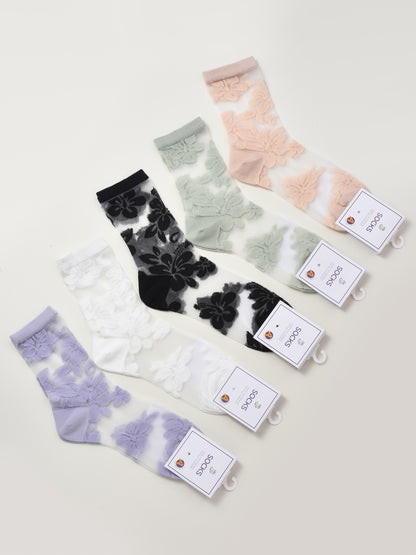 Rufia - Delicate Floral Tulle Crew Sheer Socks