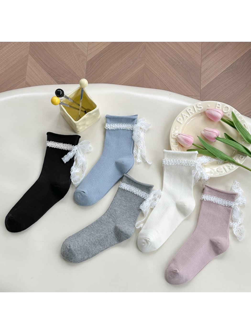 Rufia - Ribbon Lace Ribbed Ankle Socks product image 1