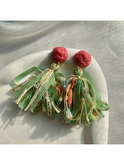 Earwish - Floral Ribbon Tassel Earrings