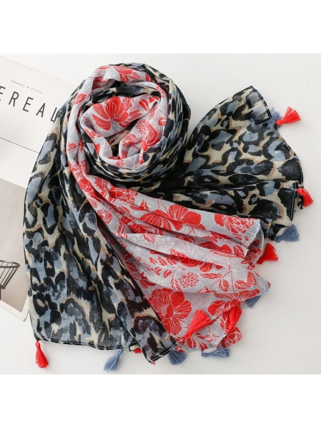 Scarvii - Floral Leopard Print Tassel Wrap Scarf