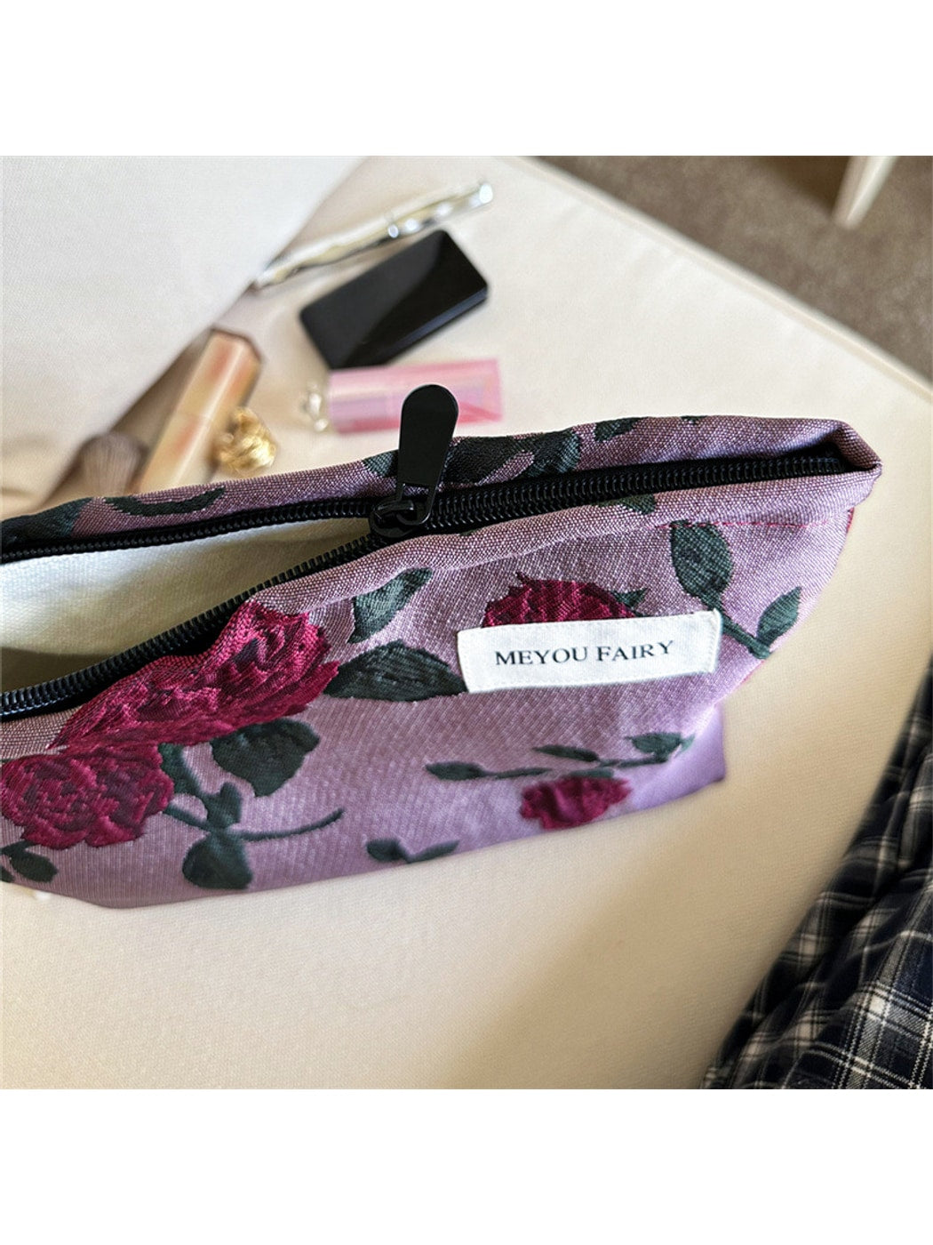 Cosbai - Peony Pattern Handheld Cosmetic Organizer Bag
