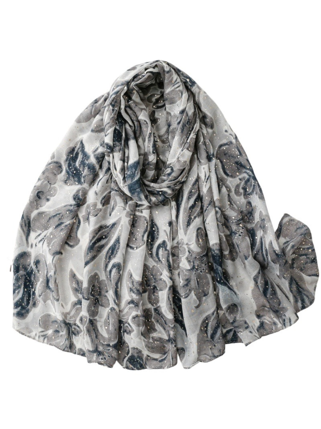 Model wearing Scarvii floral lightweight scarf styled around the neck with casual outfit