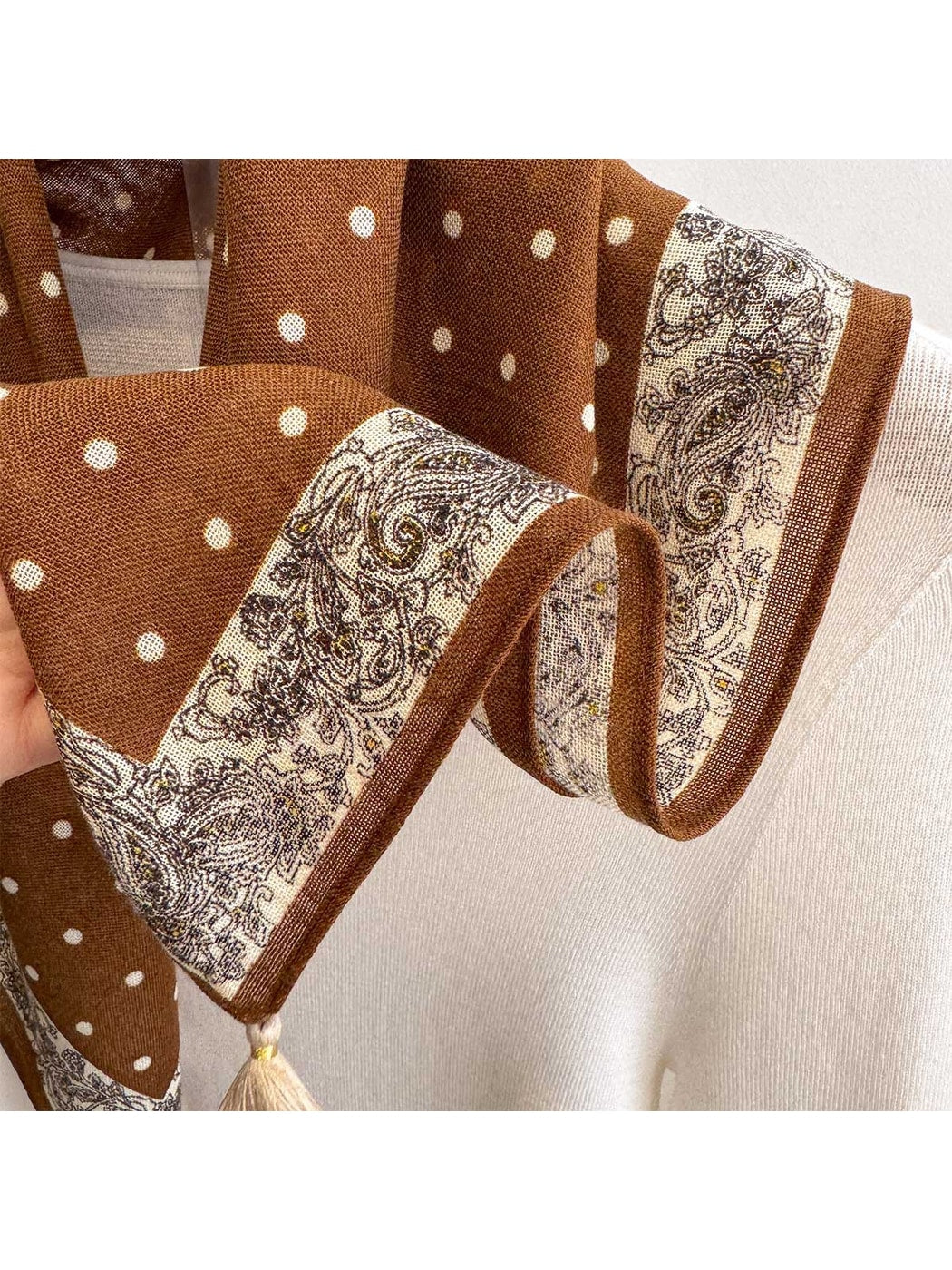 Scarvii - Polka Dot Print Tassel Accent Square Scarf