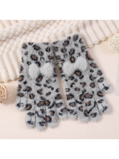 Gloving – Leopard Bow Plush Knit Gloves