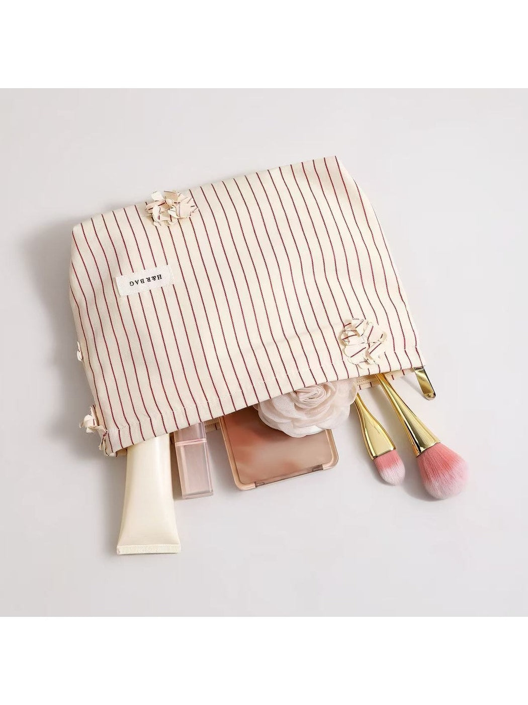 Cosbai - Floral Decorative Stripes Print Makeup Bag
