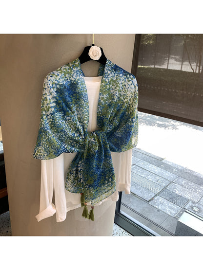 Scarvii - Blue Green Printed Plain Weave Shawl
