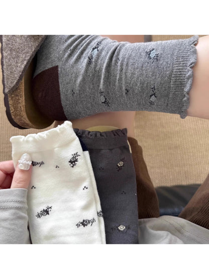 Close-up of floral knit pattern on Rufia Classic Crew Socks showing detailed stitching